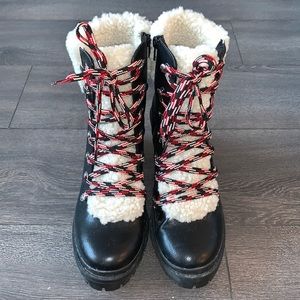 Black Winter Boots with faux fur trim, Red and Black Laces, Target, Size 9.5